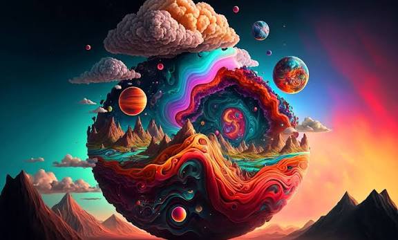 Surreal psychedelic layered floating planet with mountain terrain, fluffy clouds, and orbiting wo...