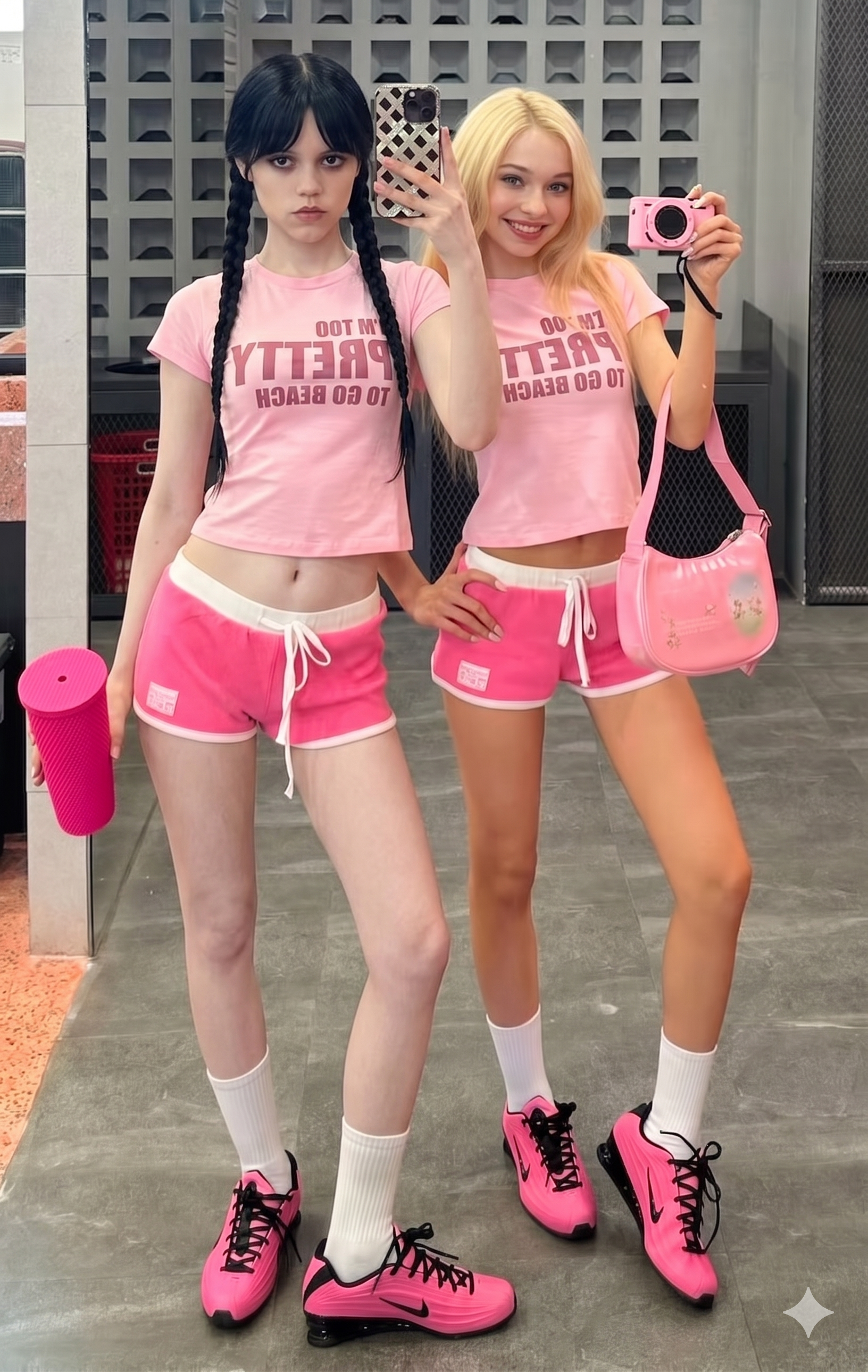 Two people in matching pink athletic outfits posing for a mirror selfie in a gym-like setting.