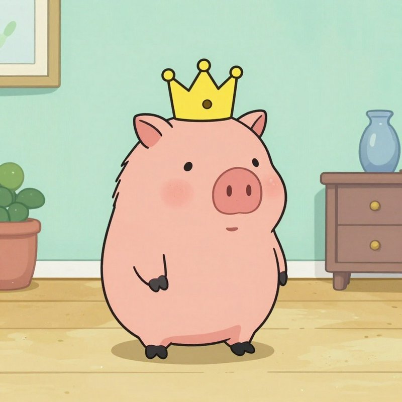 Cute pink cartoon pig wearing a yellow crown in a cozy room.