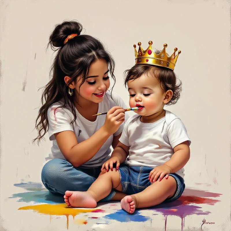 Older sister paints a toddler's lips with a brush; the toddler wears a crown and sits among colorful paint splashes.