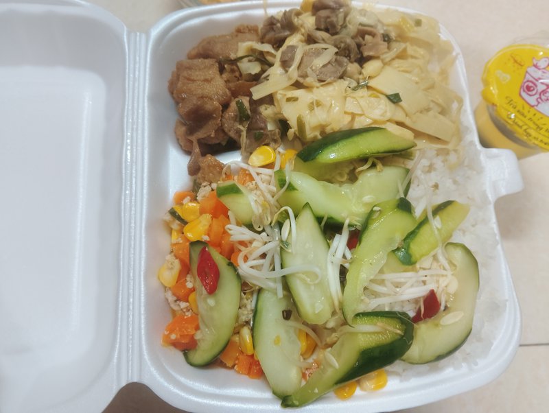 Takeout bento box with rice, beef-mushroom stir-fry, cucumber-sprout salad, and colorful mixed ve...