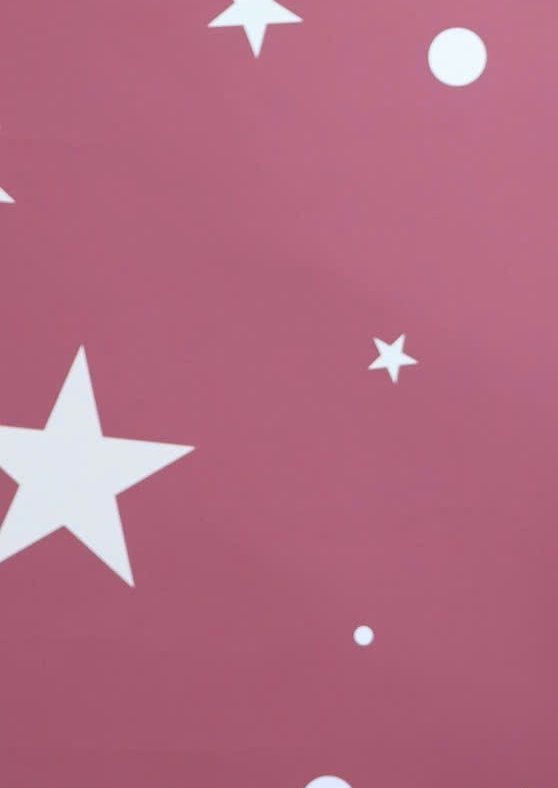 Pink background with white stars and circles scattered across.