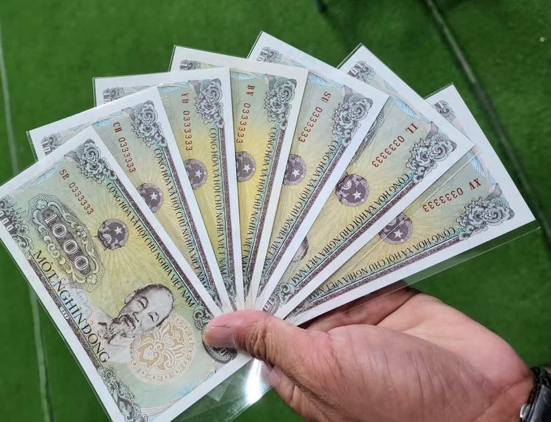 Hand holding fanned Vietnamese 1000 Dong banknotes, each with the rare solid serial number 033333...