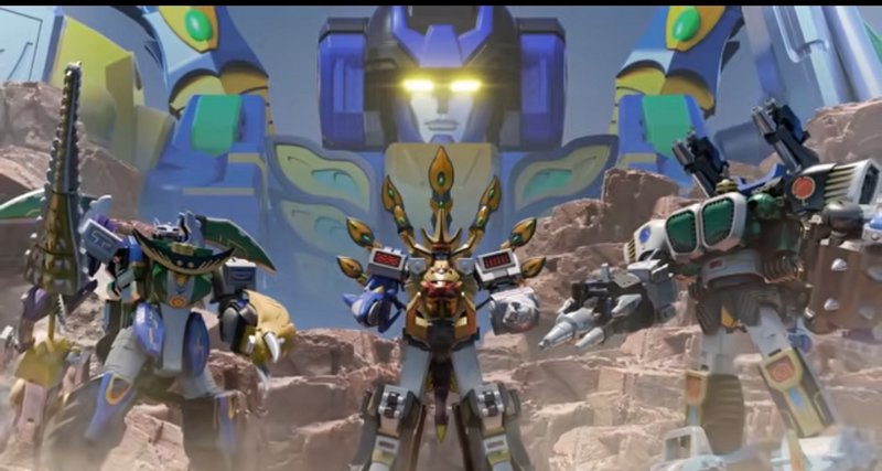 Three detailed combiner Megazord robots stand in a rocky canyon, with a giant glowing-eyed robot ...