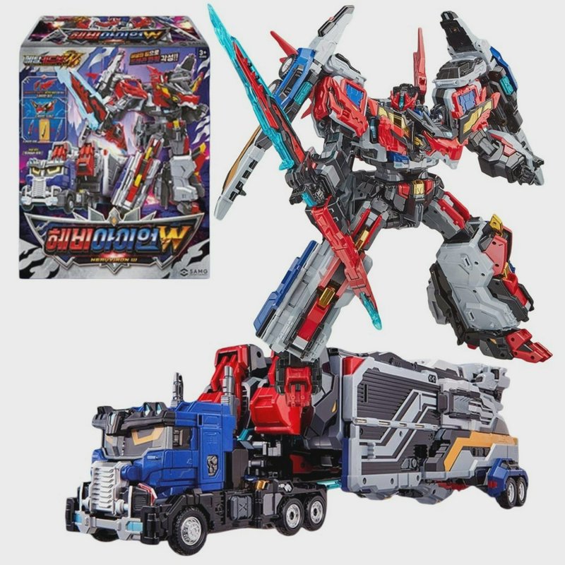 Transforming mecha robot toy displayed in both semi truck mode and warrior robot form next to its...