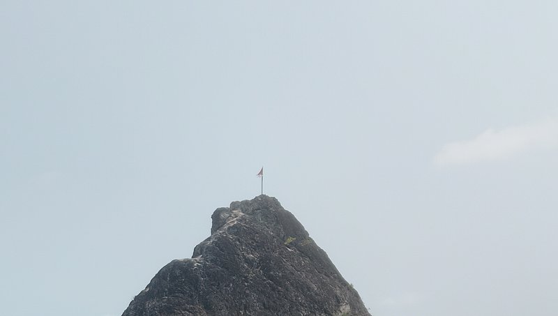A rugged mountain peak with a small flag planted at its summit against a pale blue sky