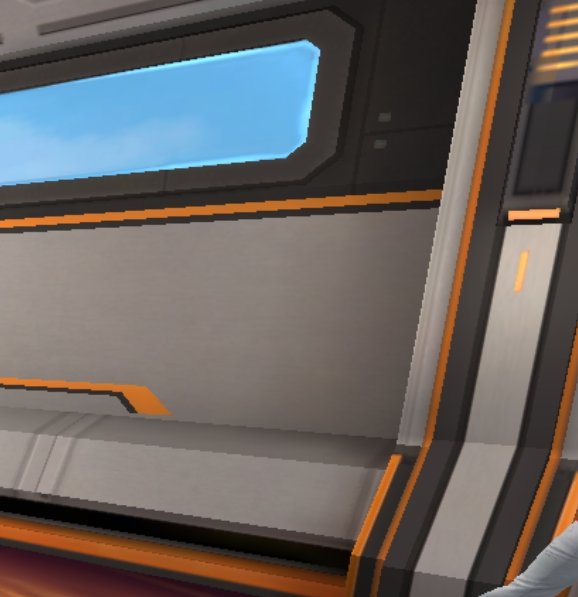 Stylized low-poly sci-fi spaceship interior wall with orange accent trim and glowing blue window ...