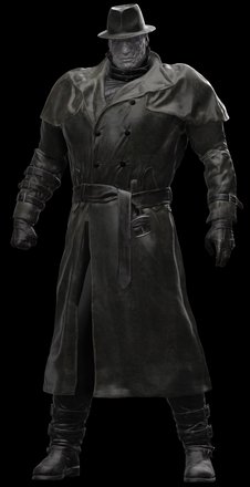 Dark noir vigilante in a long black trench coat and fedora, standing against a black background.