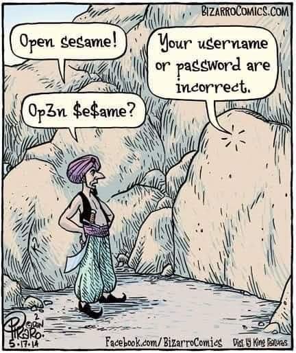 Bizarro comic strip: Ali Baba tries "Open Sesame" to open a cave, which rejects him with an incor...