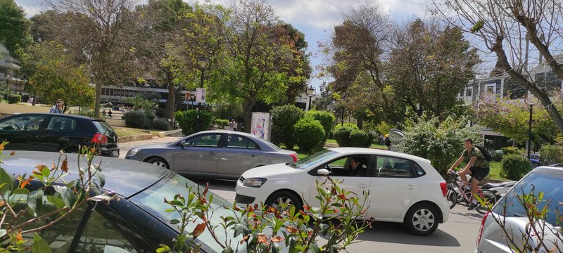 Tree-lined residential street with parked cars, a cyclist, and adjacent landscaped public park on...