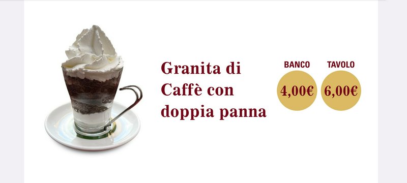 Menu graphic of layered coffee granita topped with whipped cream, with Italian cafe pricing for c...