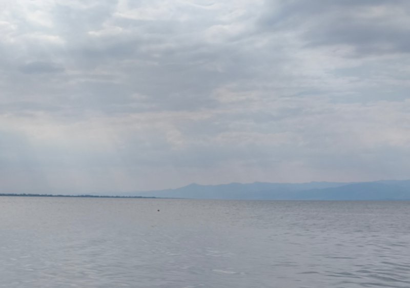 Calm overcast lake view, distant hazy blue mountains and tree-lined shore under a cloudy pale gre...