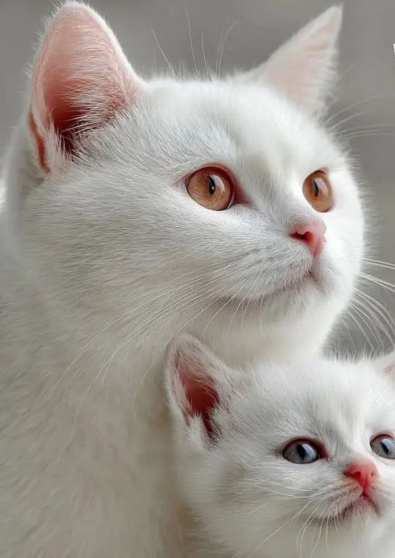 Close-up portrait of adult amber-eyed white cat beside tiny blue-eyed white kitten, both gazing r...