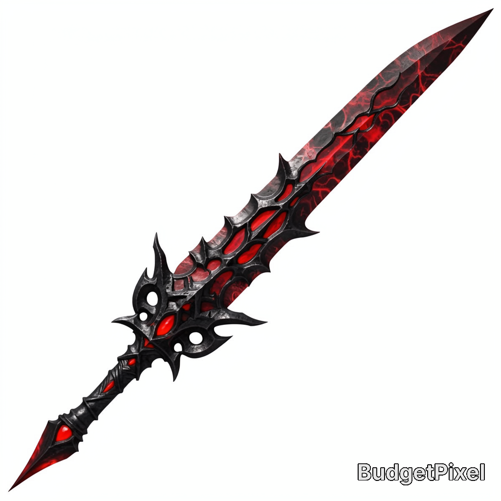 Ornate demonic fantasy sword with glowing red crystal inlays, isolated on a plain white background.