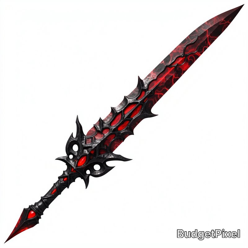 Ornate demonic fantasy sword with glowing red crystal inlays, isolated on a plain white background.