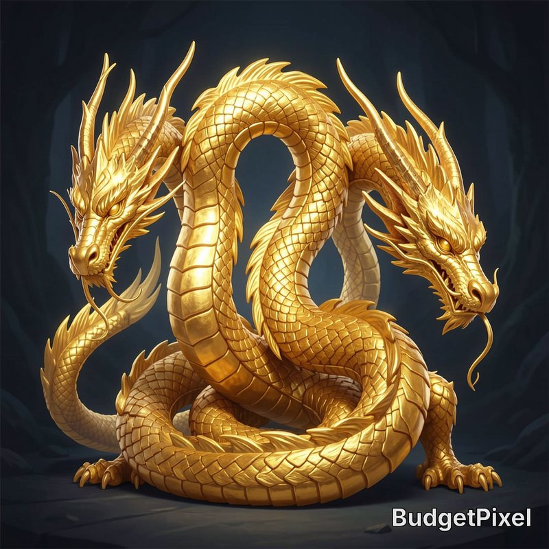 Intricate coiled two-headed gleaming golden oriental dragon set against a dark shadowy cave backdrop