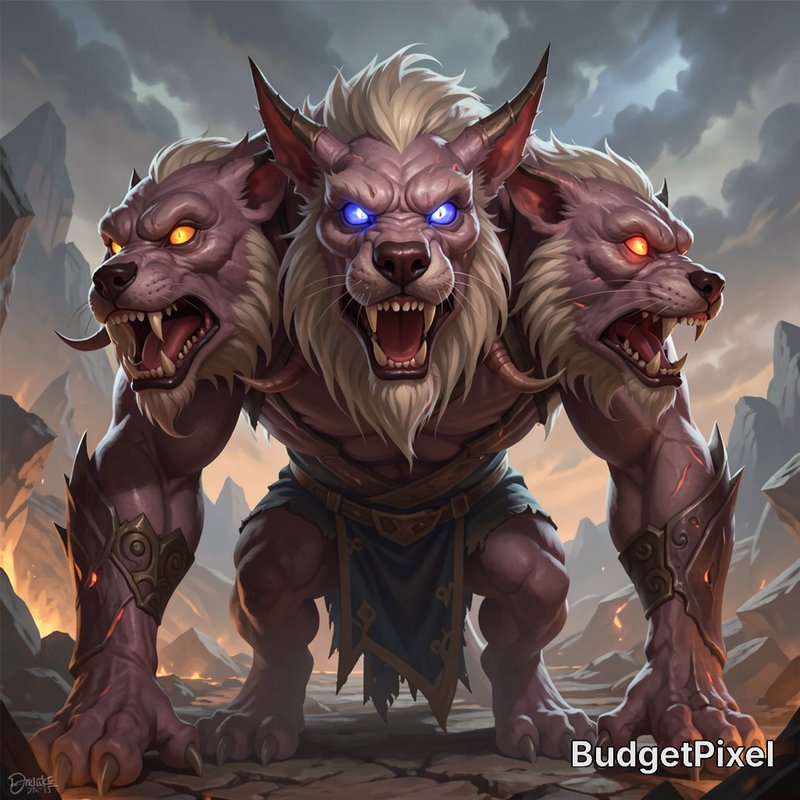 Aggressive three-headed Cerberus fantasy beast with glowing eyes, snarling on a stormy rocky batt...
