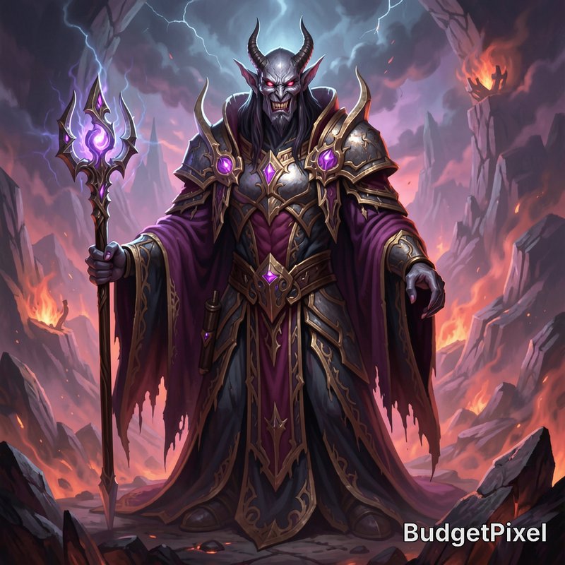 Menacing horned lich demon in ornate armor holds glowing purple magic staff in a fiery stormy und...