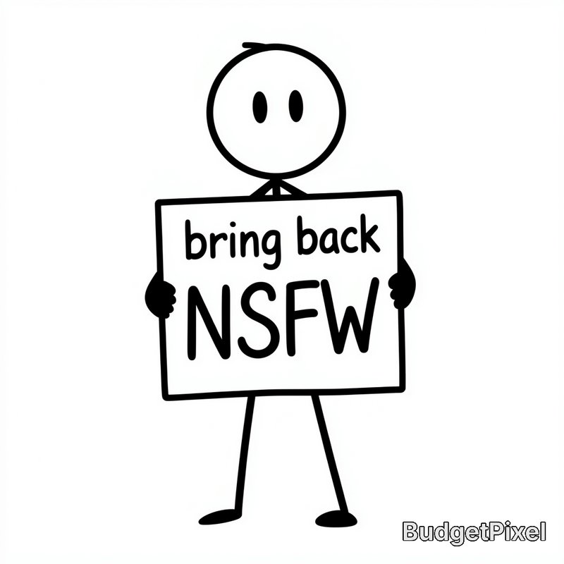 Simple black line art stick figure holding a protest sign that reads "bring back NSFW" on a plain...