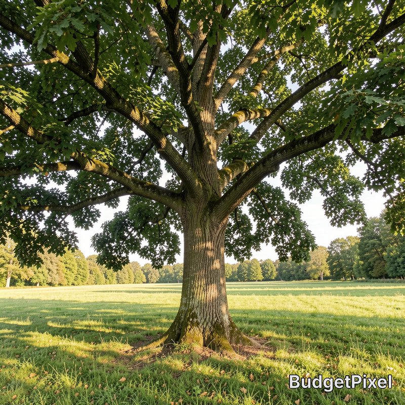 Mature giant oak tree standing in a sunlit grassy meadow, with dappled golden light filtering through its wide lush