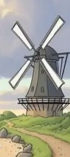 Hand drawn cartoon of a traditional Dutch windmill on a grassy countryside hill under a soft cloudy pastel sky.