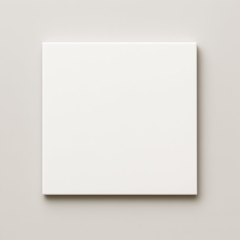 Centered blank square white stretched canvas mounted on a soft muted light beige wall, minimalist...