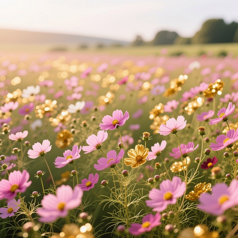 Sunlit golden hour meadow filled with delicate pink cosmos and shimmering golden blooms, soft blu...