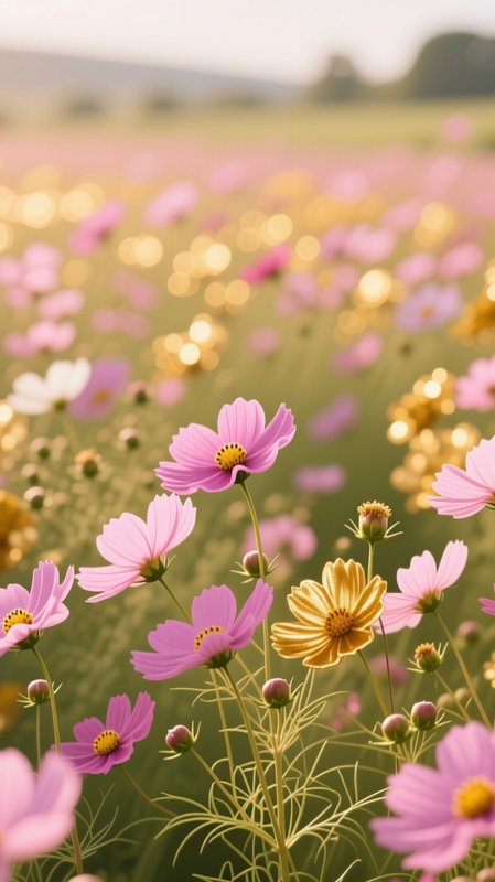Close-up of pink and golden cosmos blooms growing in a sunlit meadow with soft warm bokeh background