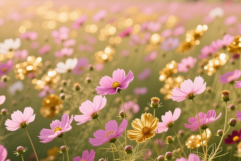 Sunlit meadow of delicate pink cosmos and shimmering golden blooms, with soft warm golden bokeh b...