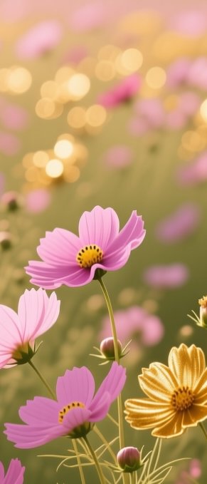 Close-up of pink and golden cosmos flowers against a soft sunlit blurred bokeh meadow background.