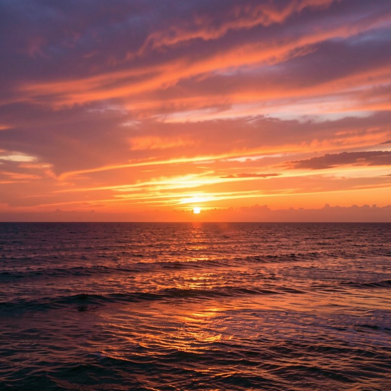 Vibrant orange and purple streaked sunset over gentle rolling open ocean waves