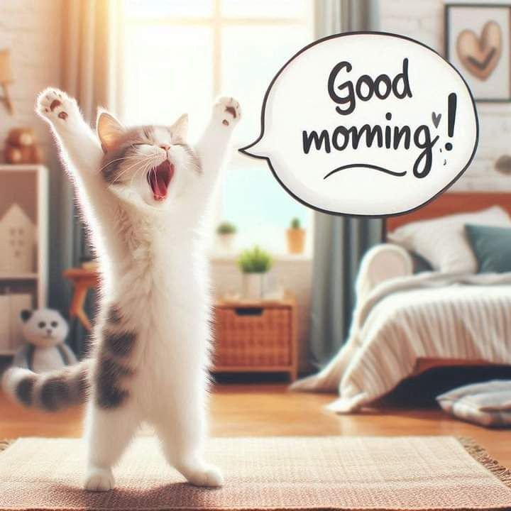 Fluffy tabby cat stretches and yawns next to a "Good morning!" speech bubble in a sunlit cozy bed...