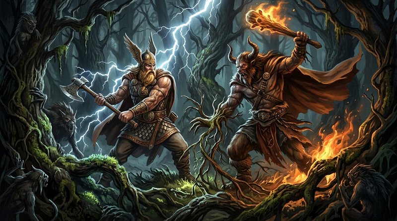 Two armored Norse warriors clash in a dark forest with lightning and fire.
