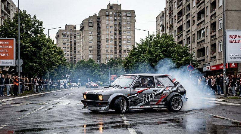 Drifting gray rally-style car with red decals on a city street, tires smoking as spectators watch.