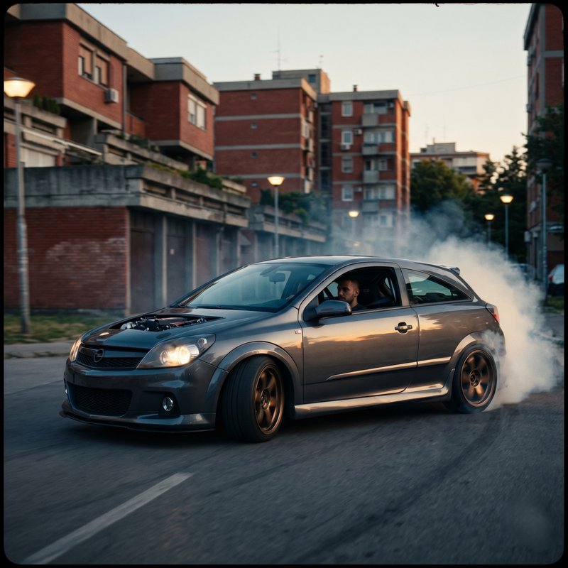 A gray modified sports car drifts on an urban street, smoke billowing from the tires with the dri...