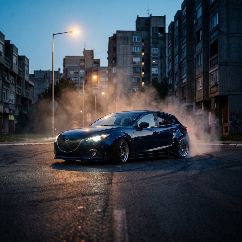 Blue Mazda sedan performing a tire burnout on an urban city street at dusk.