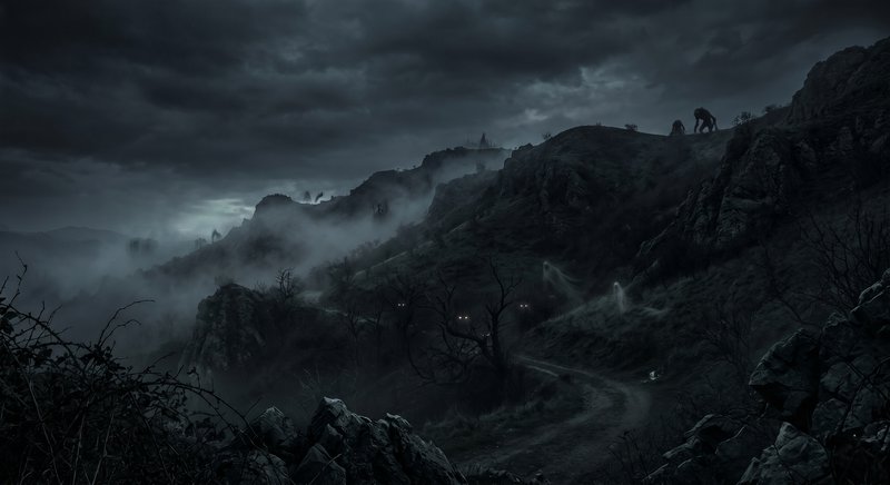 Dark, foggy mountain landscape with a winding path and rocky hills under a stormy sky