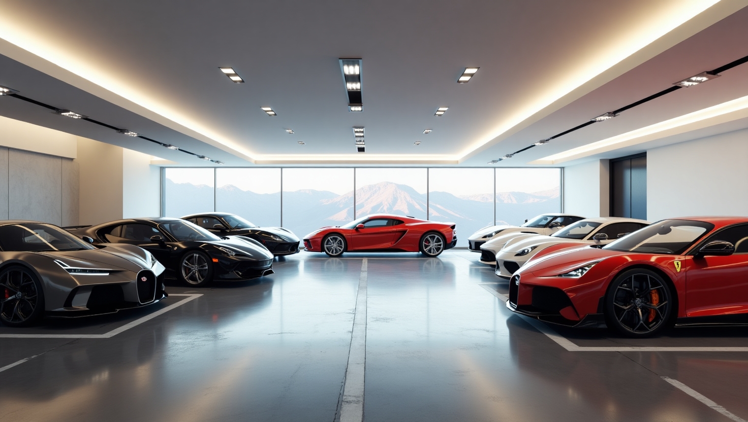 Luxury showroom with a line of high-end sports cars and a red Ferrari centerpiece.