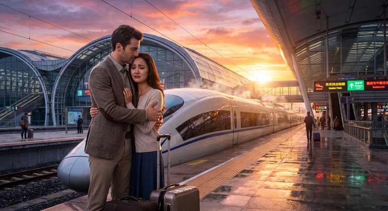 Romantic couple at a modern train platform with a sleek high-speed train at sunset.