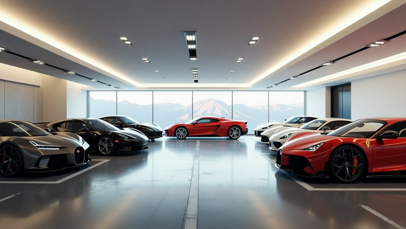 Luxury showroom with a line of high-end sports cars and a red Ferrari centerpiece.