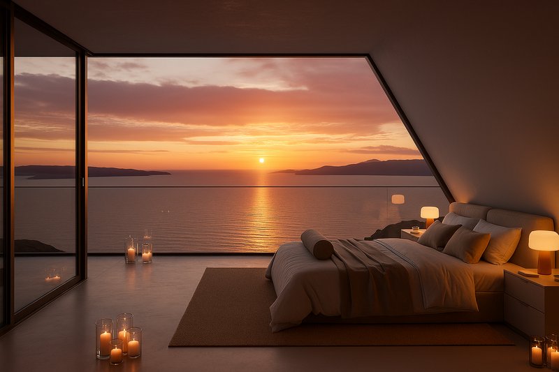 Luxurious bedroom with sunset view over the sea through a floor-to-ceiling window