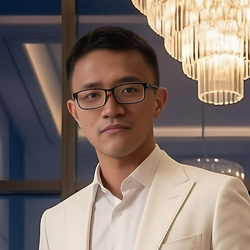 Portrait of a man in a white suit and glasses indoors with a chandelier.