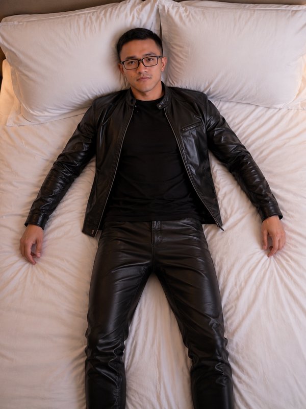Man in black leather jacket and pants lying on a white bed wearing glasses.