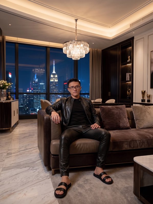 Man in black leather jacket sits on a brown sofa in a luxe living room with a night city skyline.