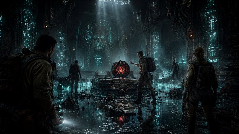 Group of explorers in a dark ancient chamber with glowing teal runes and a central red orb device.