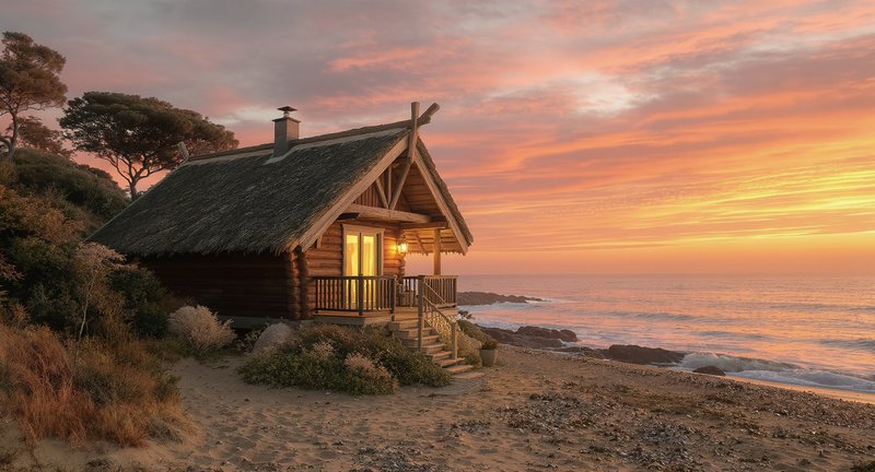 Cozy wooden beach cabin with thatched roof at sunset along the rocky shoreline.