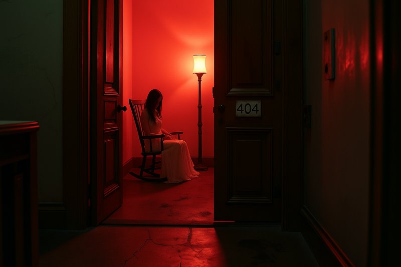 Woman in a long white dress sits in a rocking chair inside a dim, red-lit room beyond an open doo...