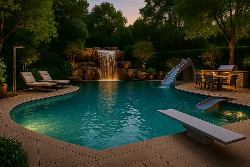 Backyard outdoor pool with waterfall, slide, loungers, and dining area at dusk.