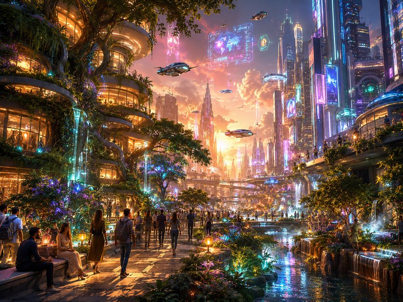 Futuristic urban park with neon skyscrapers, lush greenery, and people strolling at sunset.