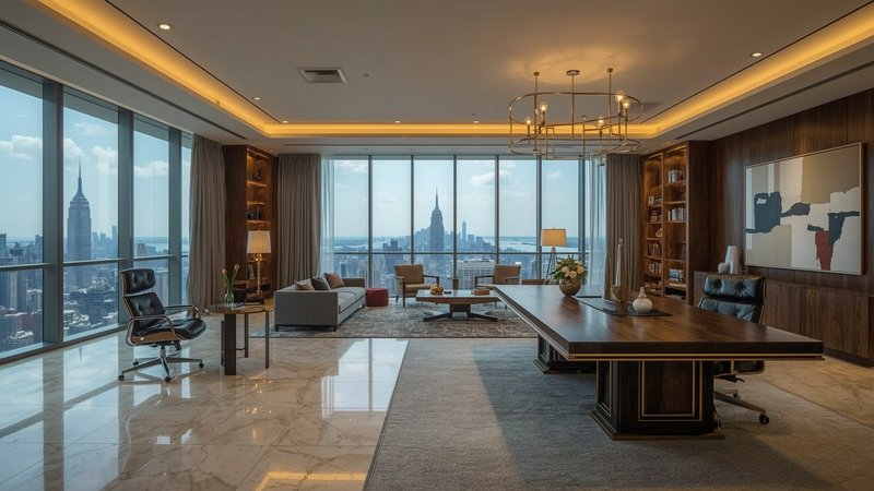 Modern high-rise office interior with expansive floor-to-ceiling windows and city skyline view